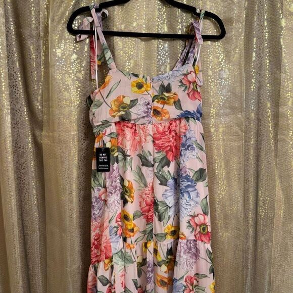 Express Pink Floral Spring Chiffon Tie Strap Tiered Dress Small NWT - Picture 2 of 9